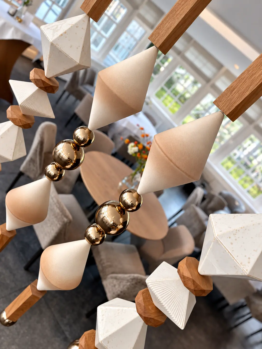 Looking up through BigBeads strands at Restaurant Ovum