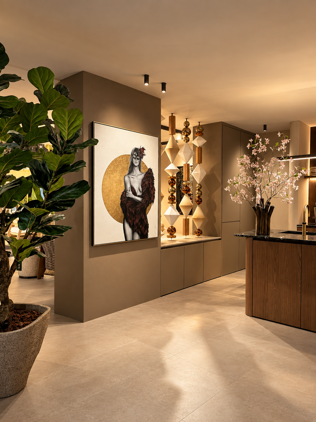 BigBeads strands in a warm kitchen beside a gold artwork