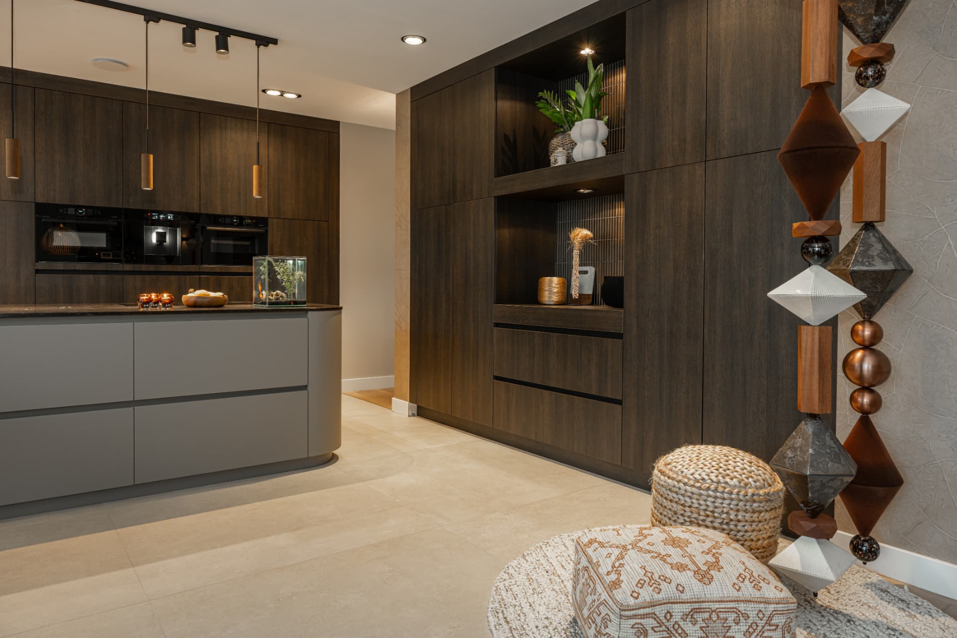BigBeads strands in a dark oak kitchen