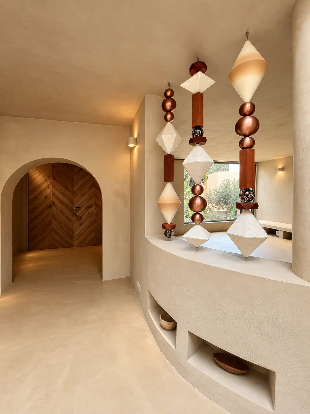 Three BigBeads strands on a curved wall, Project Yin Yang