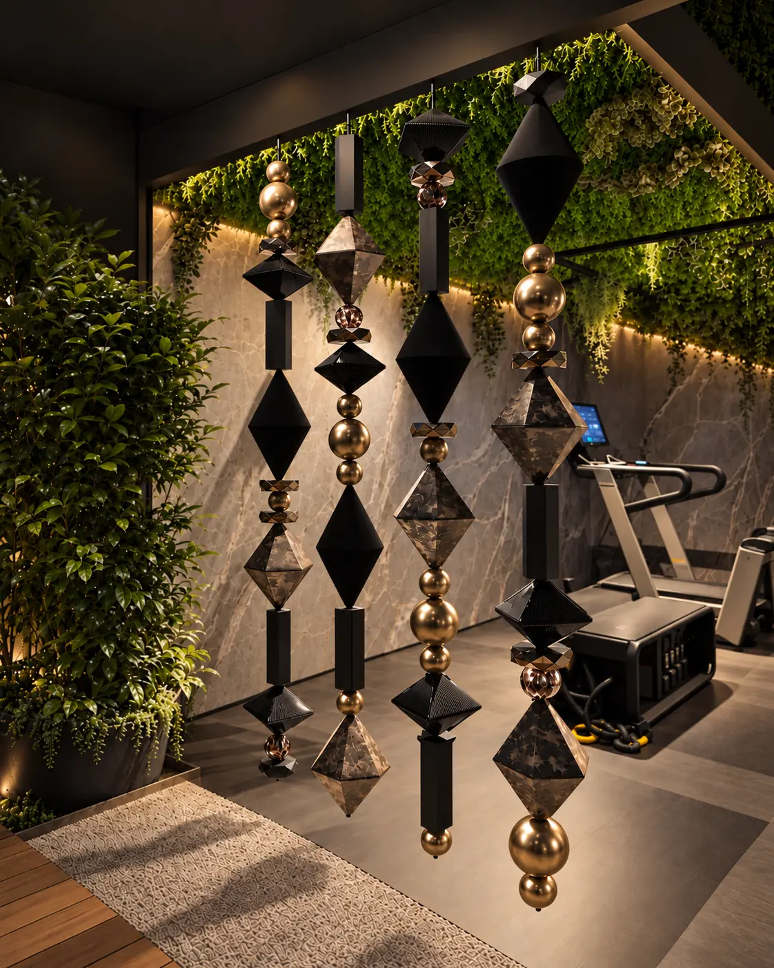 Four BigBeads strands beside a green wall in a home gym